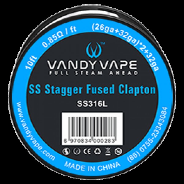 Vandy Vape SS Stagger Fused Clapton SS316L Wire ((26GA+32GA)*2+32GA 10FT 0.85Ω-FT)